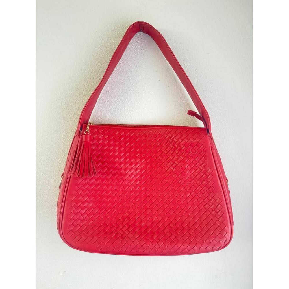 Boutique Leather Purse Red Woven Shoulder Bag Intricate Weaving Tassel Accent - Picture 3 of 7